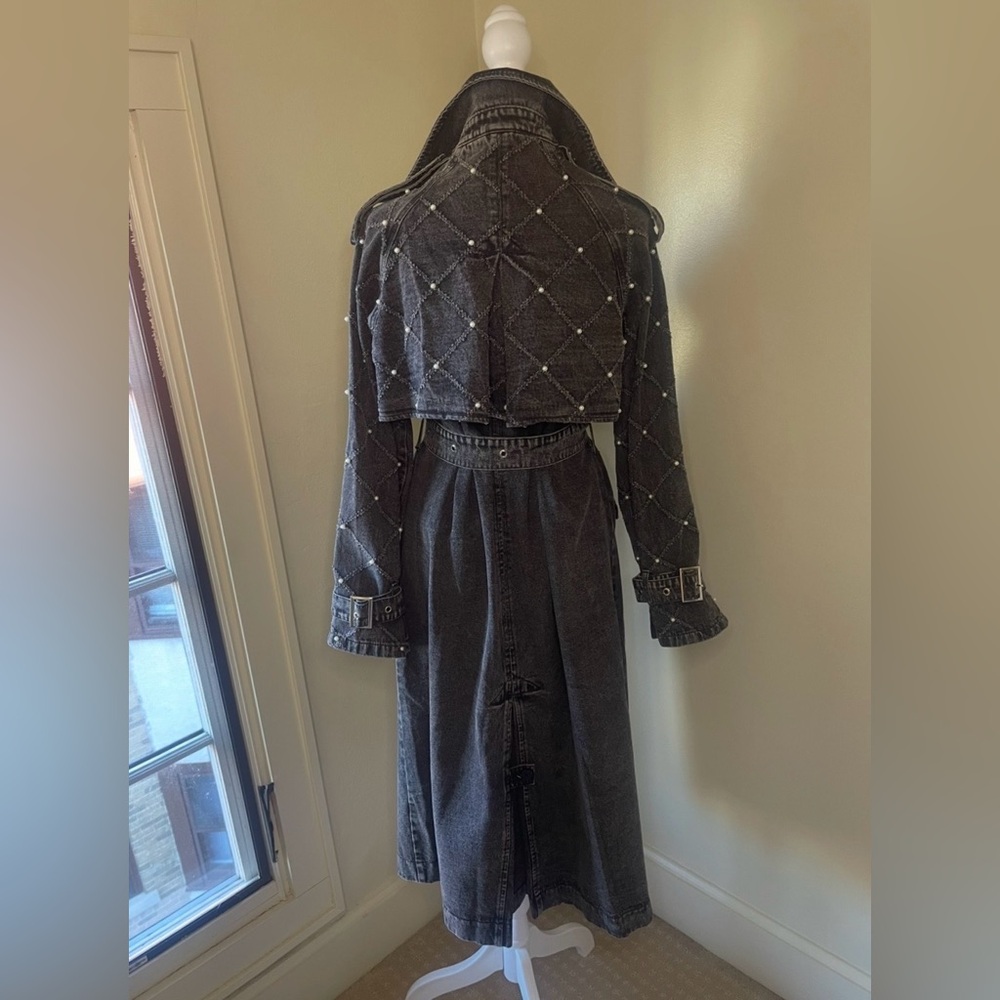 Distressed Denim Trench Coat, Black /Gry. w/ Pearl & Silver Accents, S, M , L - Picture 12 of 16